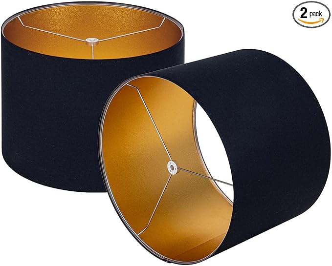 Wellmet Blackgold Set of 2 Drum Lampshades, Easy Assembly Required 14" Top x 14" Bottom x 11" High Replacement Lamp Shades, Fabric Lampshades for Table Lamps Floor Lamps, Metal Spider Fitter