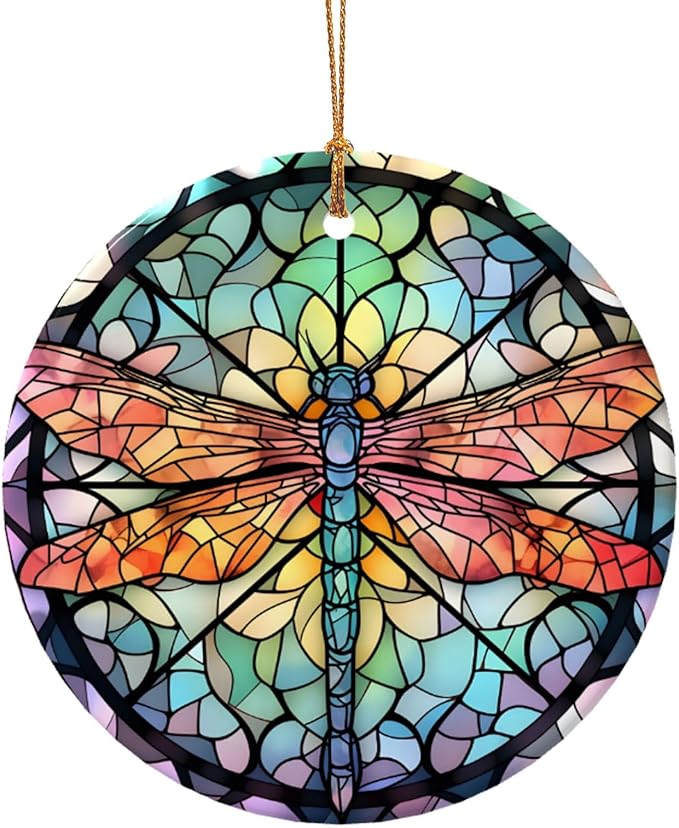 Dragonfly Mandala Glass Painting Christmas Ornaments, Christmas Decorations Xmas Tree Hanging Ornaments, Round Ceramic Festive Keepsake Gift for Xmas Decorations Holiday Home Decor