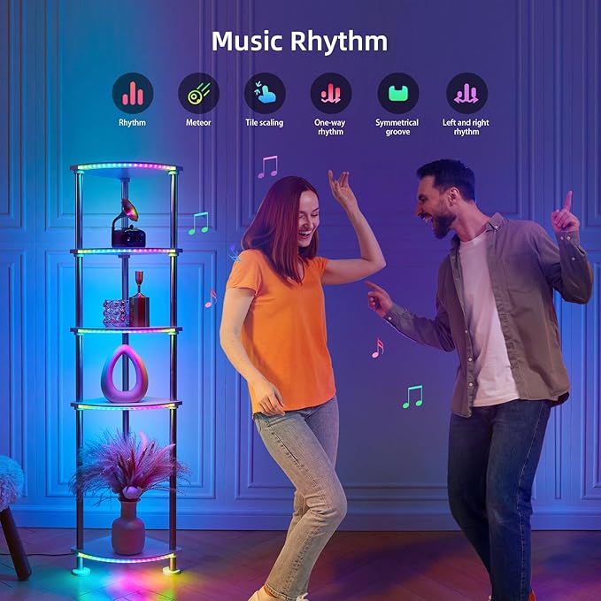 Floor Lamp with Shelves Height Adjustable Music Sync LED Corner Floor Lamp with Charging Stationl Dimmable and Timing RGB Standing Lamp for Christmas Gifts White 5-Tier