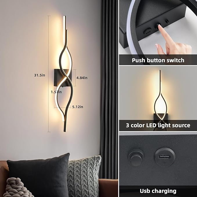 Battery Operated Wall Sconces Set of 2, Black 31.4'' LED Dimmable Wall Sconce with Remote Control, Adjustable Color Temperature Brightness for Living Room Bedroom and Hallway USB Rechargeable Lighting