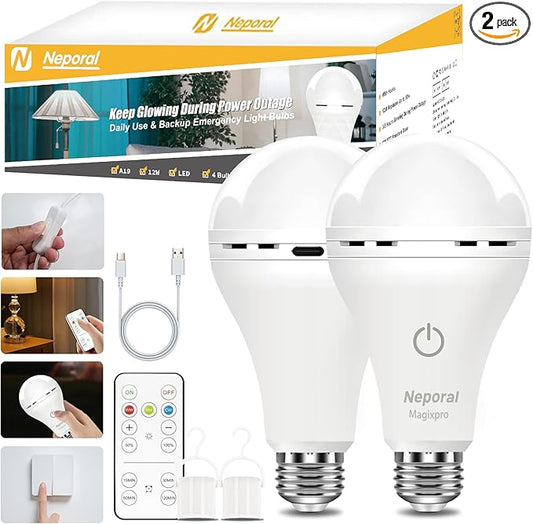 MagixPro Remote Rechargeable Light Bulbs, USB & Socket Charging, 1800mAh Battery, Dimmable LED Bulb for Hardwired & Non-wired Lamps Sconces, Touch + Remote Control, Wall Switch Compatible, 2 Pack