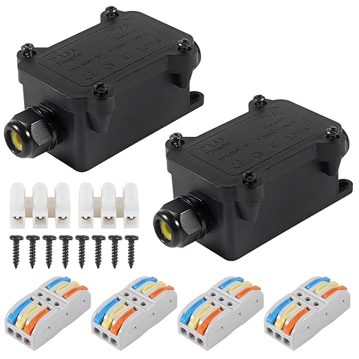 2PCS Junction Box Waterproof IP68, 2 Way Outdoor Junction Box for 3-10mm Diameter Cable, 41A/450V Underground Plug Line Coaxial Cable Connector with 4pcs Replaceable Lever Wire Connectors