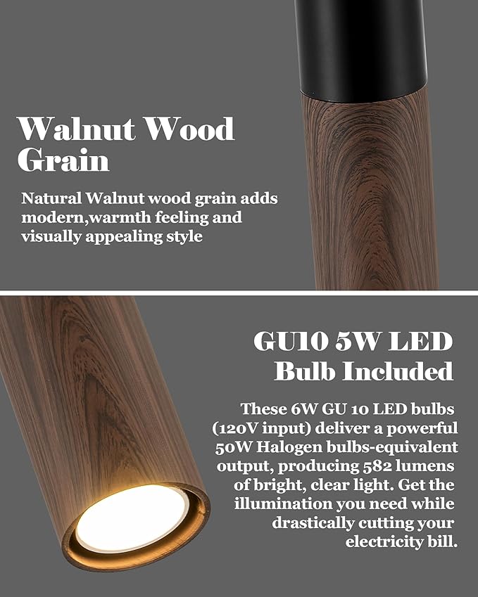 ELYONA LED Pendant Lights for Kitchen Island Walnut Wood Grain & Matte Black Metal, Modern Cylinder Pendant Light Fixtures for Dining Room Bedroom Office, GU10 Bulbs Included Adjustable Height, 3 Pack