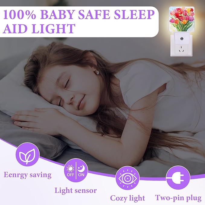 Vintage Tulips Night Light,Plug-in Night Lights with Dusk-to-Dawn Sensor for Bedroom,Bathroom and Living Room Sleep Friendly lamp 0.5w