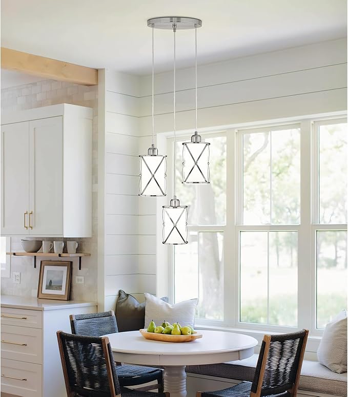 Brushed Nickel Dining Room Chandelier Light Fixture, 3-Light Pendant Lighting with Frosted Glass, Modern Kitchen Island Cluster Hanging Pendant Lights for Sink, CH9176BNW3