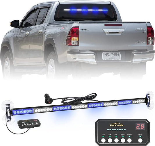 XRIDONSEN 35 inch Blue White Traffic Advisor Light Bar 48 LED Emergency Strobe Lights Safety Warning Front/Rear Window Lights w/Display Controller for Police Firefighter Ambulance Vehicles Trucks