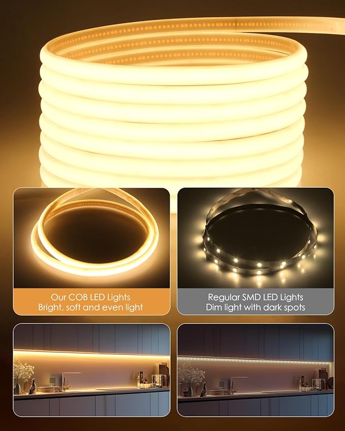 Aclorol COB LED Strip Light 10FT Warm White 3000K IP67 Waterproof LED Strip Lights 5V USB Powered Dimmable Tape Light with Timer for Bedroom Bookshelf Wardrobe Shower Niche Lighting DIY Lighting