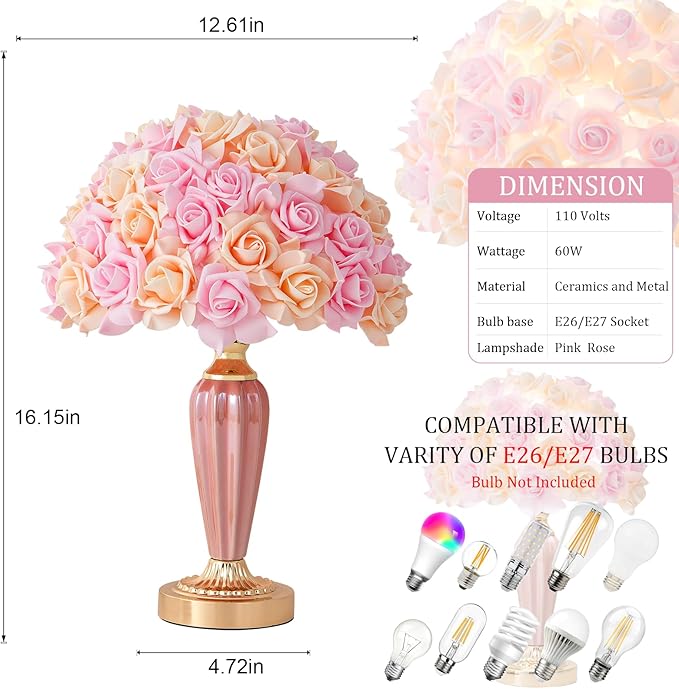 Pink Flowers Lamp Fabric Flower Bedside Lamp Romantic Rose Bouquet Table Lamp for Wedding Decor Girl Bedroom Valentines Dating Living Room Hotel Office