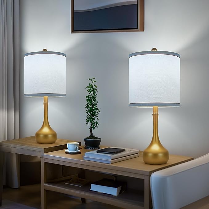 23" Farmhouse Table Lamp Set of 2, Golden Metal Modern Bedside Lamps for Living Room, 3 Color Temperature Rustic Table Lamps for Bedroom, Night Stands, Dorm,Office, Home Décor (Bulb Included)