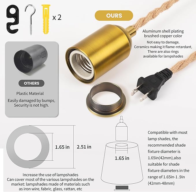 Plug in Pendant Light Kit with Switch - 15 FT Braided Woven Rope Light Bulb Cord, E26 Socket, Vintage DIY Hardwire Swag Lamp Kit for Pendant & Hanging Lights, Hemp Color