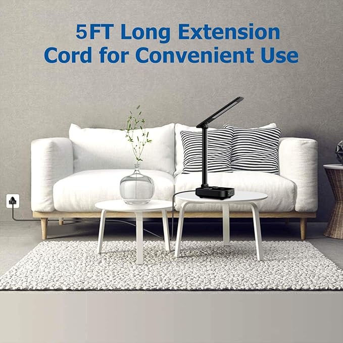 LED Desk Lamp with 4 USB Charging Ports and 2 AC Outlets,5ft Extension Cord Power Strip Station, 3 Level Brightness, Touch Dimmer Control, Office Table Eye Care Lamp Bedroom Hotel