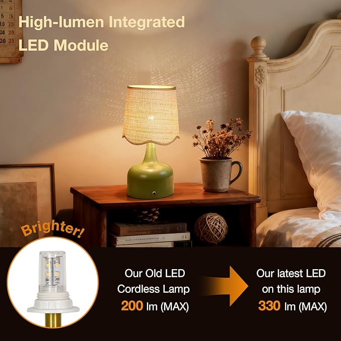 Cordless Boho Table Lamp Green, Scalloped Wicker Shade, 5200-mAh Rechargeable Battery, 3-Way Dimmable, Build-in Integrated LED 320 Lumen Max, for Bedside Living Room