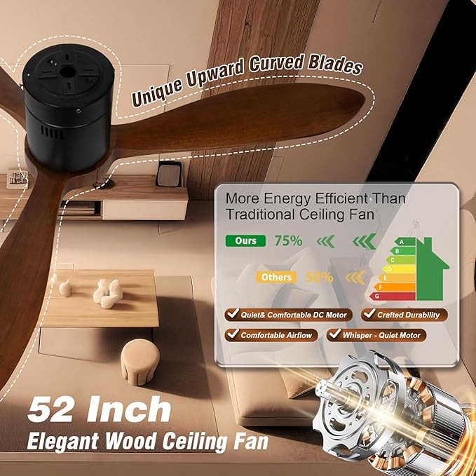 VACILL Wood Flush Mount Ceiling Fan with Light and Remote, 52 inch Low Profile Wooden Fan with 3 Blades, 6 Speed, LED Dimmable, Reversible DC Motor (Dark Brown, Wood)
