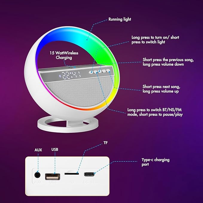 Mood Lamp with Up to 15W Wireless Charger, 6 in 1 Smart Alarm Clock, Bluetooth Speaker, LED Table Lamp with 12 RGB Colors, Bedside Nightstand Lamp, Modern Desk Lamp Gift - G5