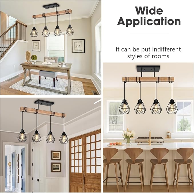 4-Lights Farmhouse Wood Kitchen Island Lighting, 23.6'' Dining Room Light Fixtures Chandelier Over Table, Rustic Black Cage Pendant Lights Ceiling Hanging for Pool Table, Living Room, Hallway