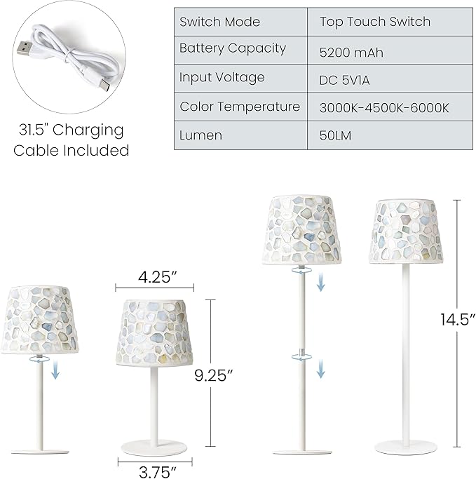AELS Mosaic Touch Cordless Lamp, 5200mAh Rechargeable Portable LED Desk Lamp, 3 Color Stepless Dimming Battery Powered Lamp, Wireless Table Light for Wedding Dinner Patio Garden Cafe Bedroom, White