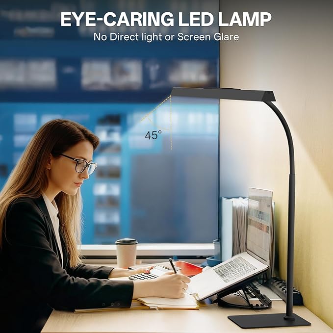Kary LED Desk Lamp with Base,Eye-Care Architect Light for Home Office,12W Task Lamp with Adjustable Flexible Gooseneck USB Adapter Touch Control 5 Dimmable Color & Brightness Tall Lamp for Work,Study