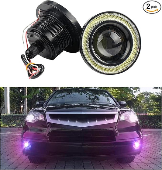 2PCS Car Angel Eye Fog Light, 2.5'' Round COB LED Bright High Power Fog Angel Eye Projector with Halo Rings, Universal Vehicle DRL Daytime Driving Light Fog Lamp Bulb (Purple)