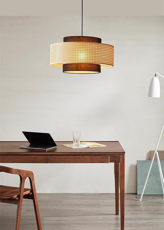 LIGHTLAND Rattan Farmhouse Pendant Light Fixture, Hand Woven Dining Room Pendant Light with Fabric Shade, Rustic Pendant Hanging Light Fixture for Kitchen Island, 16''