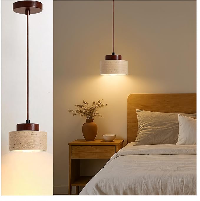 Wabi Sabi Natural Stone and Wood Pendant Light,4.7Inch Small Hanging Pendant Lamp,Modern Vintage Rustic Minimalist Fixture for Bedroom, Dining Room, Kitchen Island, Cafe, Hallway (Solid Wood, PCS, 1)