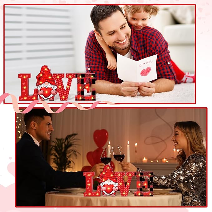 Menkxi Valentines Day LED Wooden Sign Valentine's Day Table Decorations Wooden Love Decor Valentine Tiered Tray Decor Light up Valentine Table Centerpiece Decor for Home Party Desk Office Room