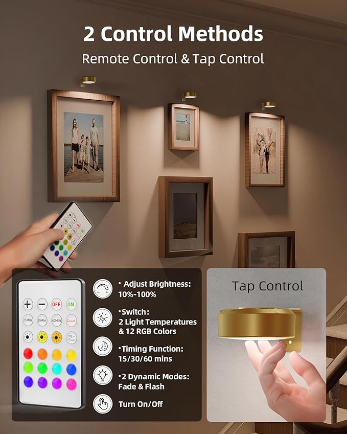 EZVALO Picture Lights for Wall, Rechargeable Battery Magnetic Poster Lights with 3 Color Temps & 12 RGB, Remote Dimmable Timer Light, Wall Decor Light for Art Display (6 Pack with Charging Station)