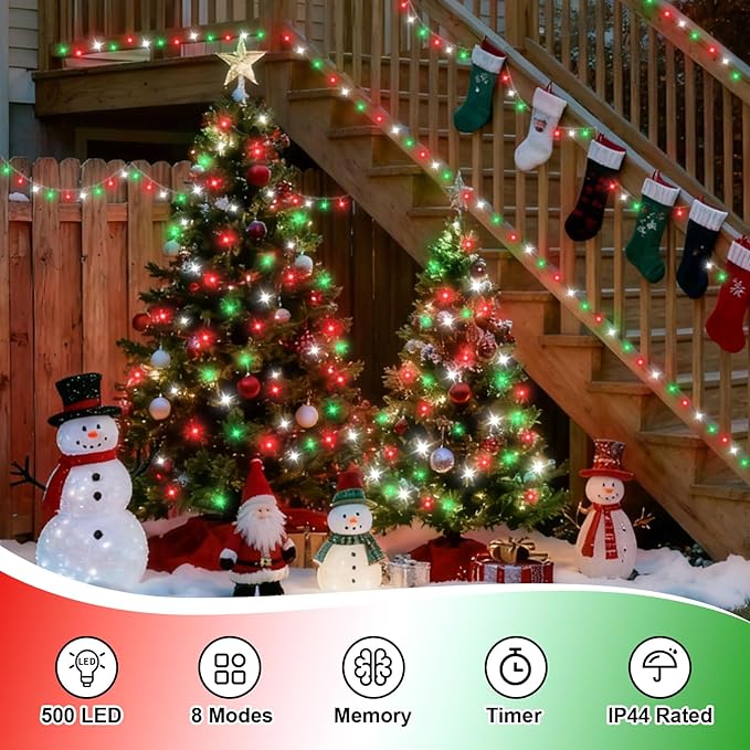 QITONG Red White Green Outdoor String Light, 165ft 500 LED Christmas Lights with 8 Modes, Clear Wire Twinkle Xmas Light Indoor Plug-in