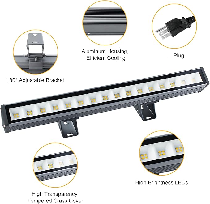 Warm White Wall Washer Light 17 Inch 2 Pack, 3000K Patio Flood Light 48W, IP66 Outdoor Bar Light for Landscape, Church, Yard, Garden, Building