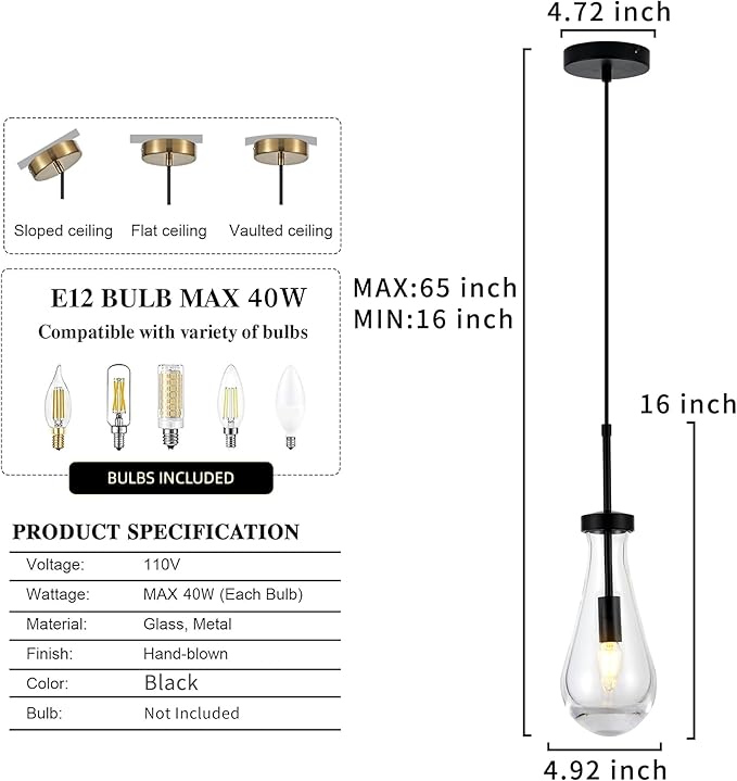 Black Raindrop Pendant Lights, Teardrop Pendant Light, Black Kitchen Island Pendant Lighting, 1-Light Interior Pendant Light in The Kitchen Island Living Room Bedroom Bathroom, Dining Room,Hallway
