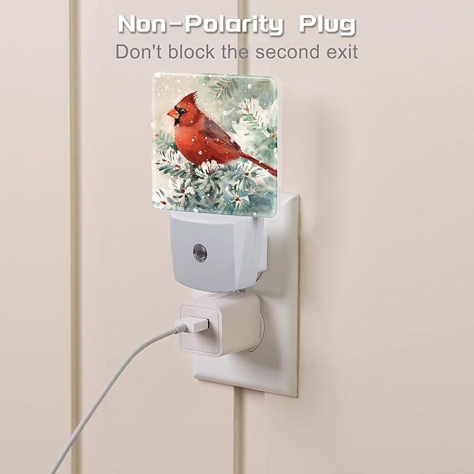 Winter Cardinal Pine Tree Night Light, Christmas Snow Red Cardinal Dusk to Dawn Night Light Plug in, 0.5w Energy Saving Sleep Friendly NightLight for Kids Boys Girls Home Decor