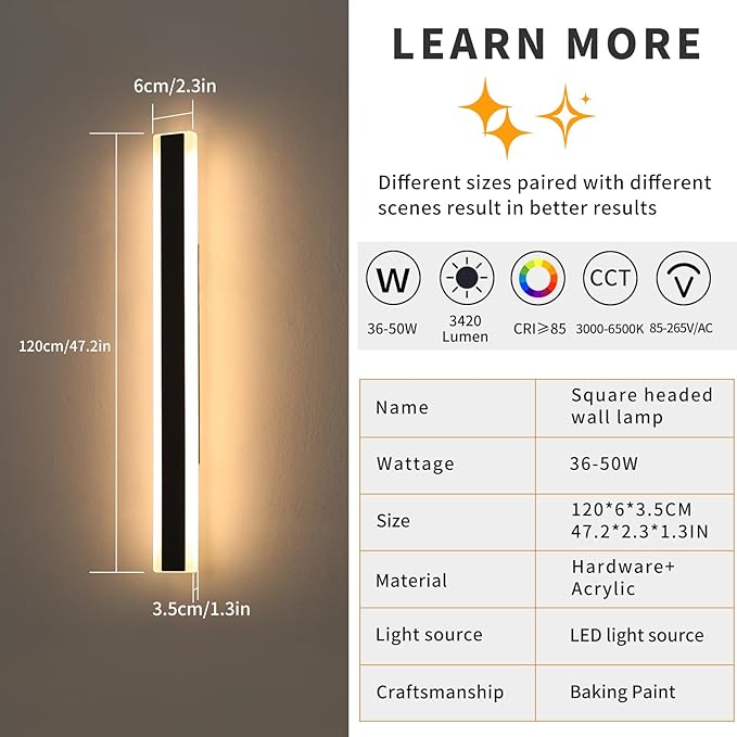 Mikeru 2pack 47.2inch Outdoor Wall Light Fixtures, 10%-100% Dimmable Outdoor Wall Lights Exterior Front Porch Light 3000-6000k Wall Mounted Led Lighting for Basement, Shop,Garage Lighting