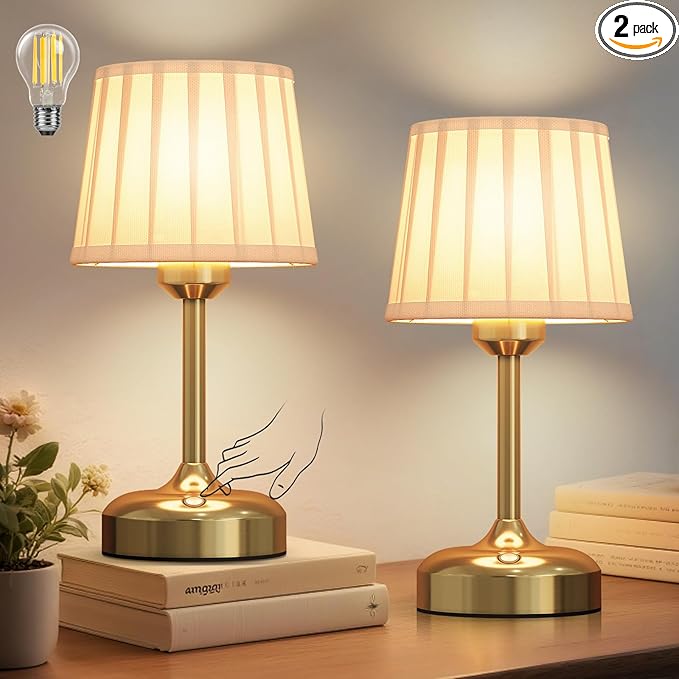 Cordless Table Lamp, Rechargeable Small Desk Lamp Faric Shade 5000mAh Beattery Powered Lamp Touch Stepless Dimmable Bedside Table Lamp for Bedroom, Living Room, Dining Room, Camping Gold