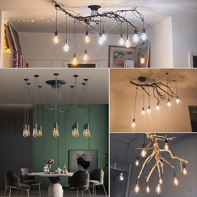 Fuloon Vintage Edison Multiple Ajustable DIY Ceiling Spider Lamp Light Pendant Lighting Chandelier Modern Chic Industrial Dining with Romote Control (10 Head Cable 200cm/78.7inch) (10 Head)