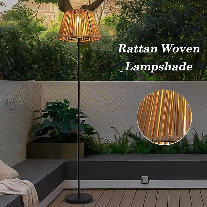 Rattan Shade Outdoor Floor Lamp,Solar Powered Wicker Standing Lamp,Waterproof Cordless Outdoor Patio Light, Modern Floor Light for Garden Yard and Porch