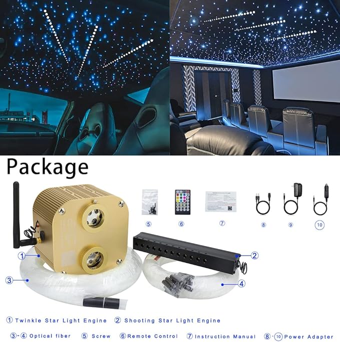 AZIMOM Bluetooth Dual-Port 20W Twinkle Fiber Optic Lights Meteor Shooting Star Ceiling Lighting Kits 1100pcs*0.03in*13.1ft Fiber Strands RGBW Music Remote APP Control Home Car Ceiling Décor