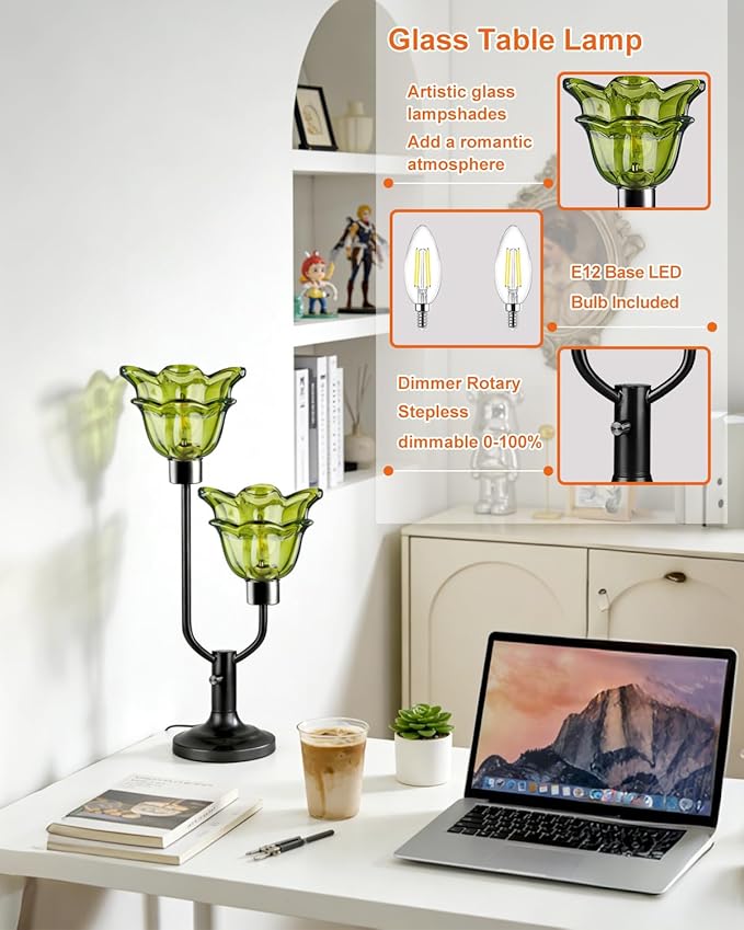 Lightdot Mid Century Modern Flower Table Lamp Black Dimmable U-Shaped Green Glass Desk Lamps with 2Pcs 3000K Warmwhite Bulbs Included Bedside Nightstand Lamp for Living Room Bedroom