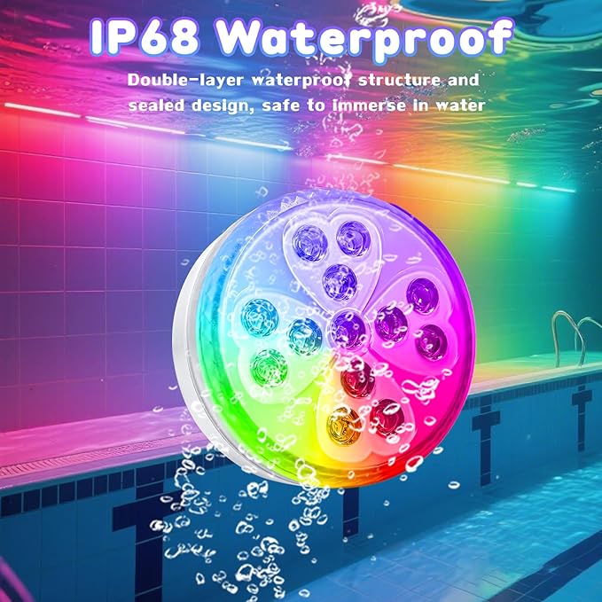 Pool Lights, 10 Colors Rechargeable Submersible LED Lights with Remote & 6 Modes, IP68 Waterproof Dimmable Shower Lamp, LED Underwater Light for Inground Above Ground Pool Party Hot Tub (4 Pack)