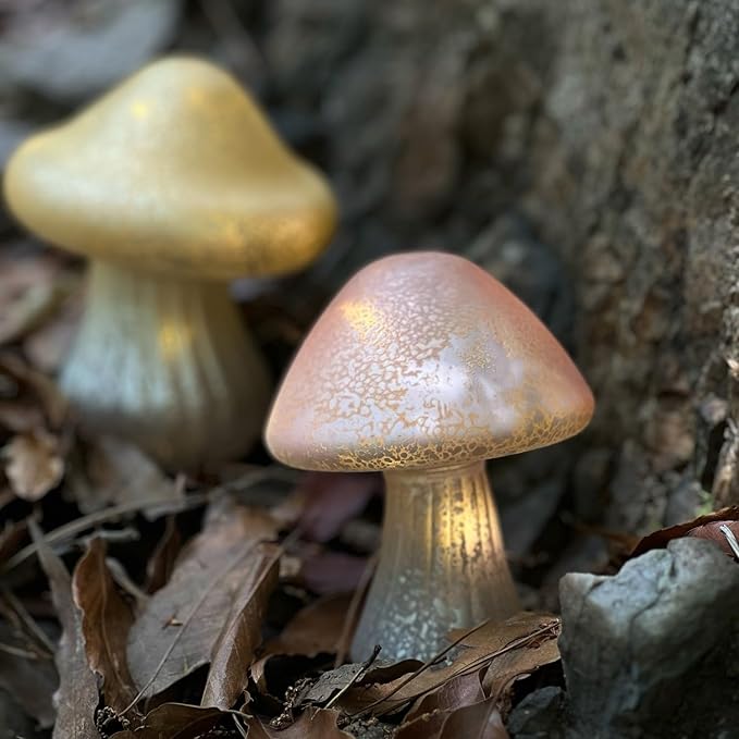 Glass Mushroom Lamp Cute Lamps for Bedrooms Battery Operated Mushroom Night Light Funky Lamp Ideal for Indoor & Outdoor Garden Decor (Pink, Set 1)