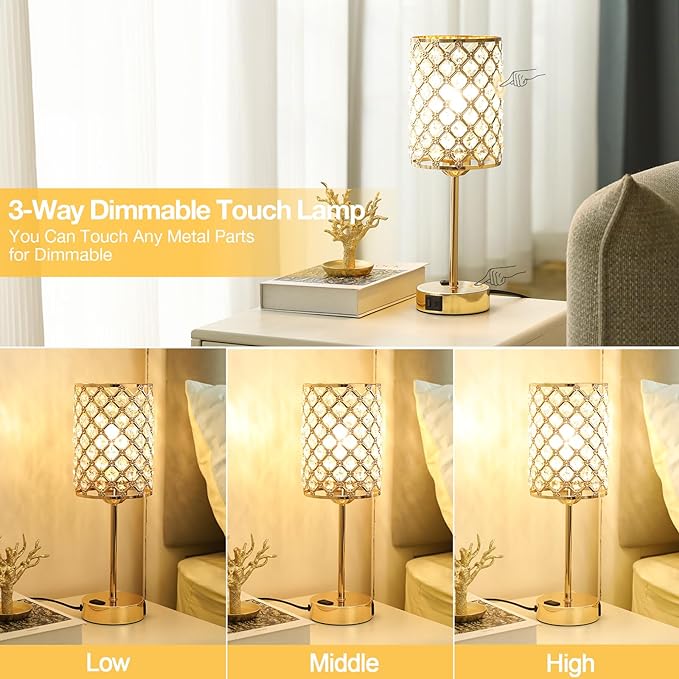 Touch Control Crystal Table Lamp-Dimmable Nightstand Lamp with USB-C+A & AC Charging Ports, 3-Way USB Gold Lamp, Bedside Desk Light for Bedroom Living Room Home Office(Bulb Included & Set of 2)