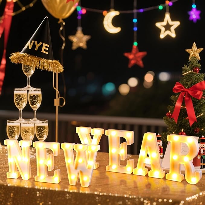 7 Pcs New Year Large LED Letter Sign LED Lights Battery Powered Table Decoration for New Year Christmas Party Tabletop Decoration