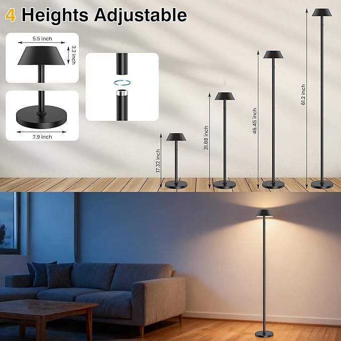 Portable Cordless Floor Lamp | Adjustable Height Reading Lamps Floor Standing | LED Bright Floor Lamp for Dark Rooms with 7500mAh Battery - IP54 Light