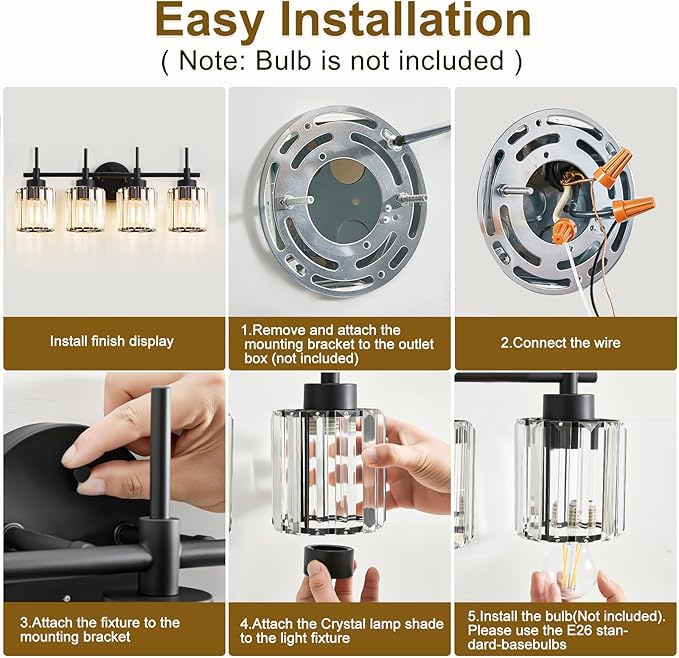 4 Light Round Crystal Vanity Lights, Modern Black Crystal Wall Light Bath Mirror Light Fixture Over Mirror Bathroom Wall Sconces for Bathroom Living Room