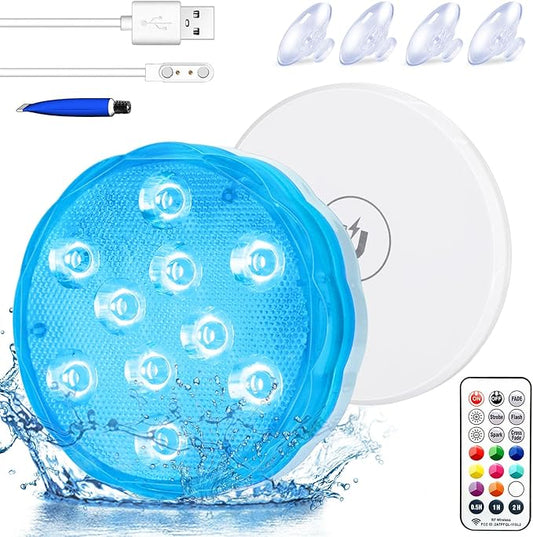 Pool Lights, Rechargeable Submersible LED Light with Strong Magnet Base, Suction Cups & Adhesive, RF Remote Aquarium Lights, Waterproof RGB Color Changing Underwater Lamp with Timing,1Pack