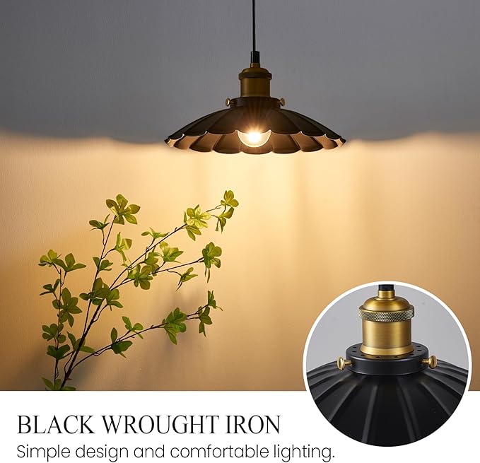 Black Pendant Light, 9.8 Inch Retro Hanging Lamp for Bedroom, Glossy Hanging Kitchen Lights Living Room Height Adjustable Pleated Pendant Light