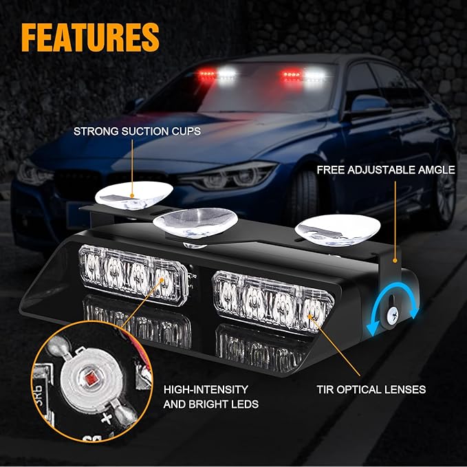 XRIDONSEN 2 in 1 Emergency Dash Lights Red White Volunteer Firefighter Lights Warning Hazard Safety Flashing Law Enforcement Responder Front/Rear Windshield Strobe w/Suction Cups for Vehicles Trucks