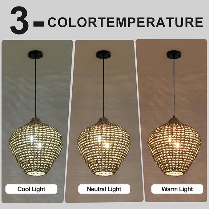 15.75" Rattan Pendant Light,2-Light Boho Hand Woven Coastal Wicker Hanging Ceiling Chandeliers,for Kitchen Island, Dining Room, Farmhouse,Foyer