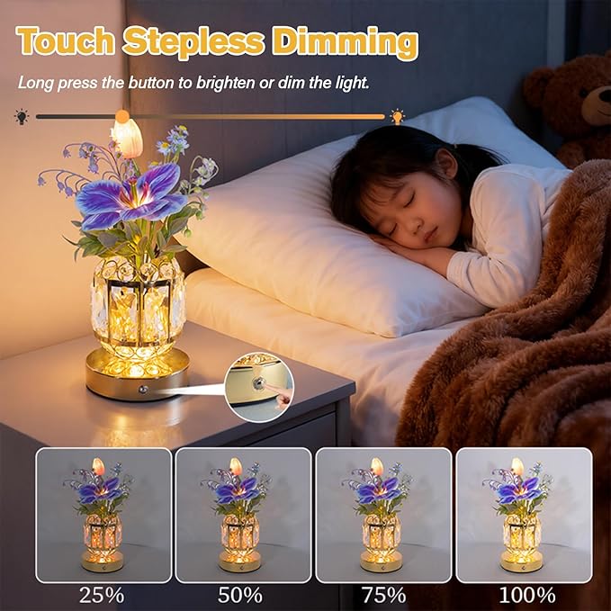 Flower Table Lamp, 3-Color Dimmable Tulip Artificial Flowers Night Light, Rechargeable Cordless Small Lamp, Ambient Light with Crystal Vase for Party Home Desk Decorations (Purple Blue - Flower)