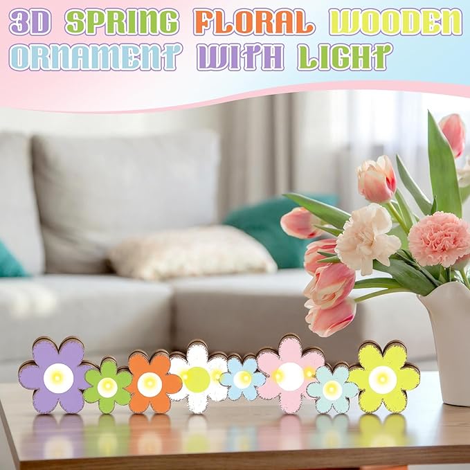 Yousoontic Spring Easter Decorations Daisy Flower Table Centerpieces, Light up 3D Wooden Floral Sign with LED Lights, Colorful Farmhouse Spring Decor for Home Mantel Desk Office Party