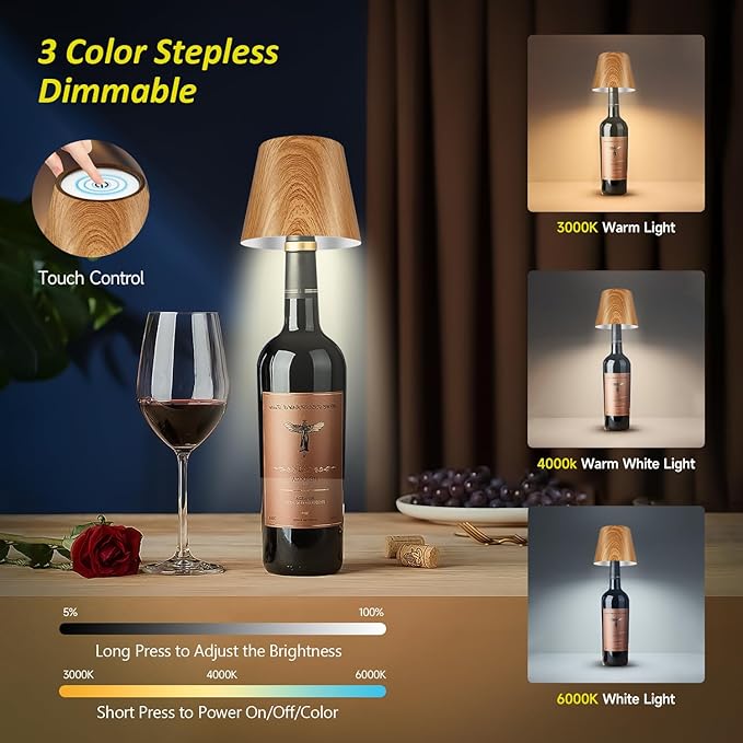 2025 New Bottle Lamp - LED Bottle Lights for Liquor & Wine Bottles, Cordless Lampshade, Whiskey Bottle Top Light, Bottle Stopper Night Light Kit, Rechargeable 3-Tone Touch-Dimmable