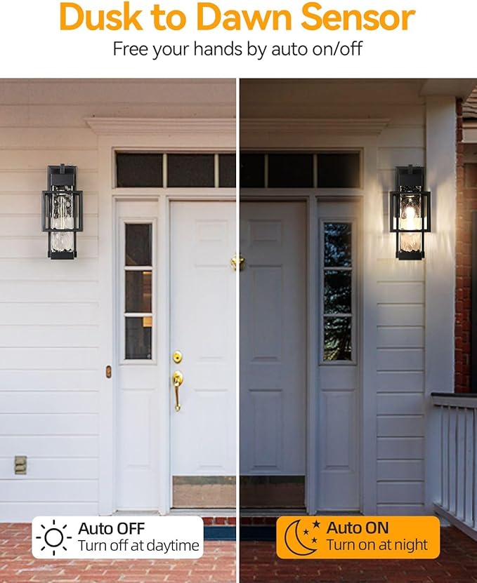 Outdoor Wall Lights Dusk to Dawn with Water Glass, Black Exterior Lighting Fixtures Waterproof Outdoor Sconce Lights with LED Bulbs, 15" H Large Outside Lights for House Porch Garage Patio